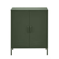 Dark green two-door metal locker cabinet with bar handles and louvre vents on white background