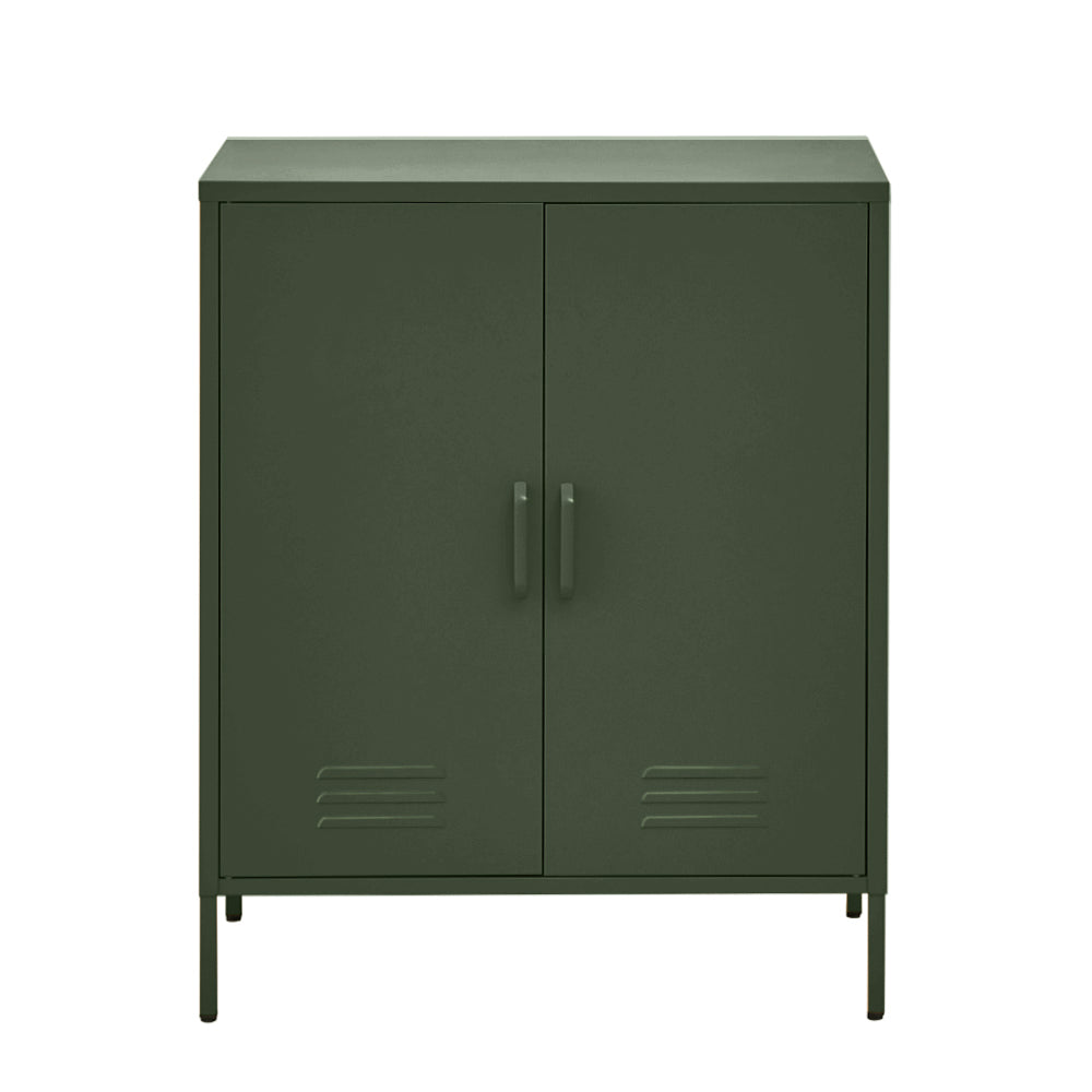 Dark green two-door metal locker cabinet with bar handles and louvre vents on white background
