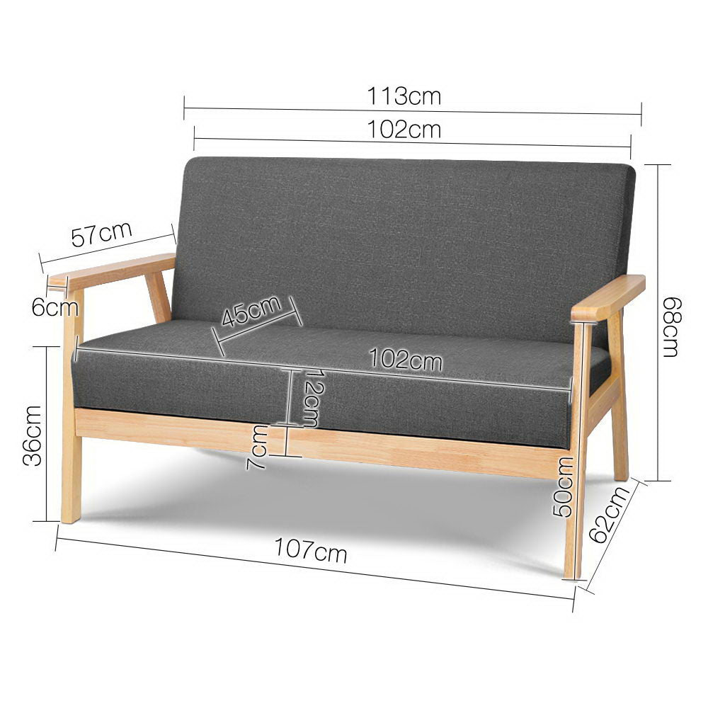 Dimensions diagram of dark grey fabric two-seater sofa: 113W 68H cm, seat 102x45cm, seat height 50cm, depth 62cm, wood frame