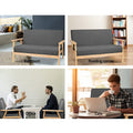 Dark grey two-seater sofa in four settings: Bedroom, Reading corner with bookshelf, Office, Cafe with man and laptop