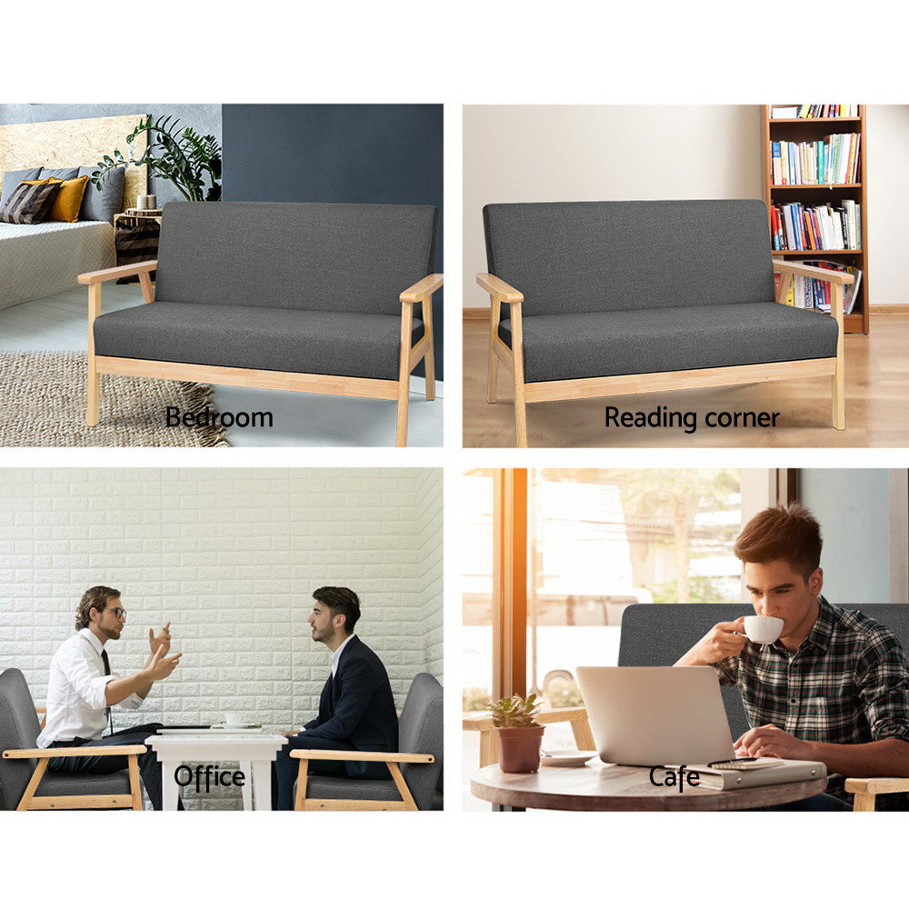 Dark grey two-seater sofa in four settings: Bedroom, Reading corner with bookshelf, Office, Cafe with man and laptop