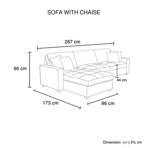 Sofa with chaise dimension diagram showing 287cm width 96cm height and 96cm chaise depth