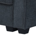 Close-up of dark grey chenille sofa base showing two square black wooden legs on white background