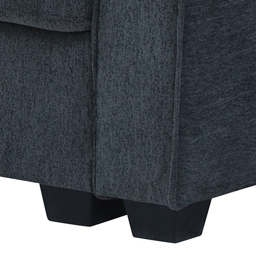 Close-up of dark grey chenille sofa base showing two square black wooden legs on white background