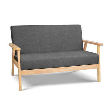 Dark grey fabric two-seater sofa with solid natural wood frame and flat armrests, angle view on white background