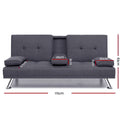 Dark grey fabric sofa bed front dimensions: 175cm wide, 83cm height, fold-down cup holder 26cm wide