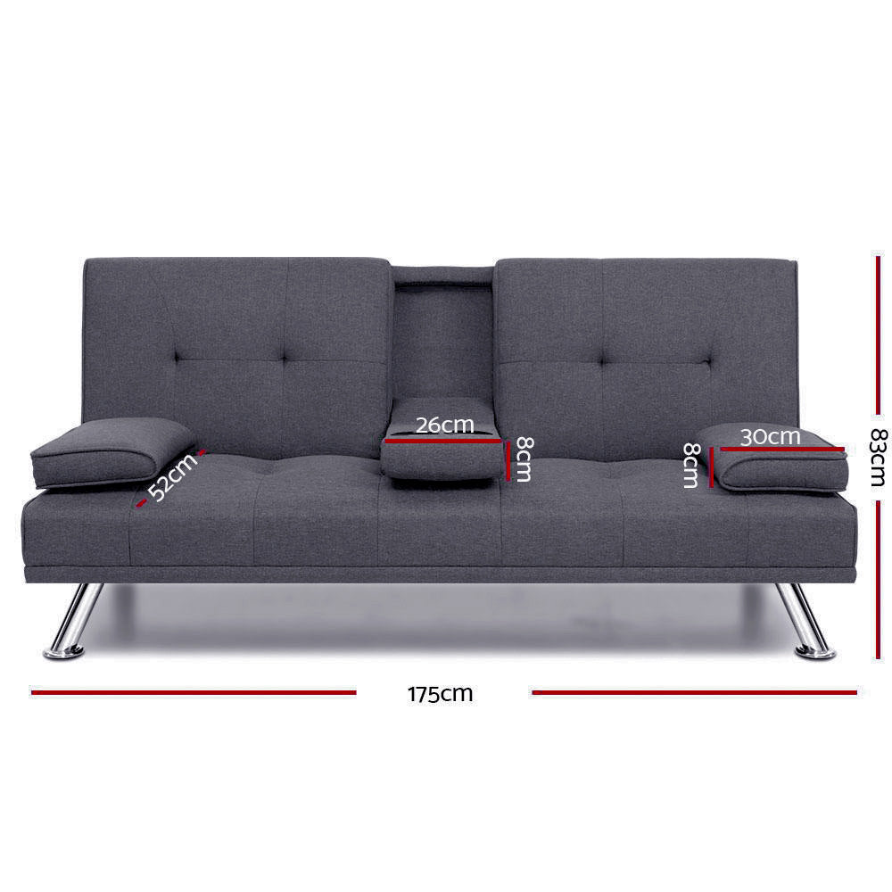 Dark grey fabric sofa bed front dimensions: 175cm wide, 83cm height, fold-down cup holder 26cm wide