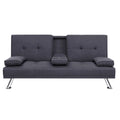 Front view of dark grey fabric sofa bed with fold-down centre cup holder, bolster armrests and chrome legs