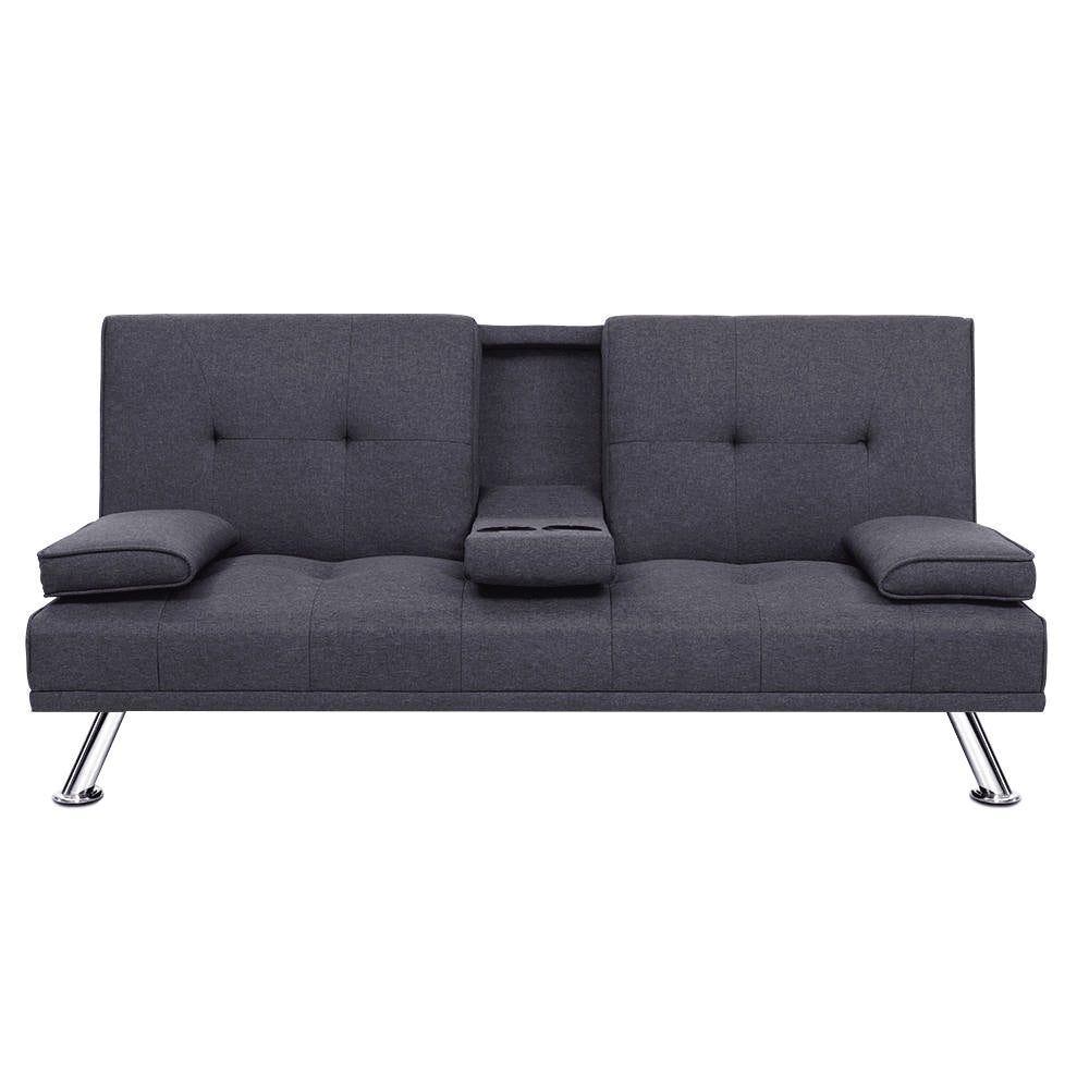 Front view of dark grey fabric sofa bed with fold-down centre cup holder, bolster armrests and chrome legs