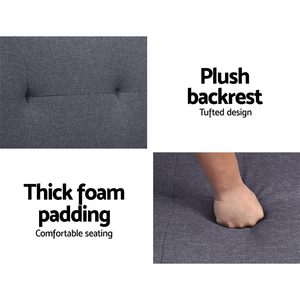 Dark grey fabric sofa bed material infographic showing tufted backrest close-up and foam padding test