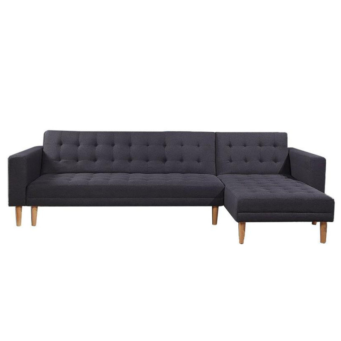 Dark charcoal grey tufted L-shape sectional sofa bed with right chaise and wooden legs front view
