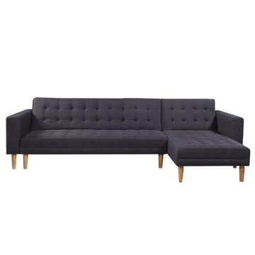 Dark charcoal grey tufted L-shape sectional sofa bed with right chaise and wooden legs front view