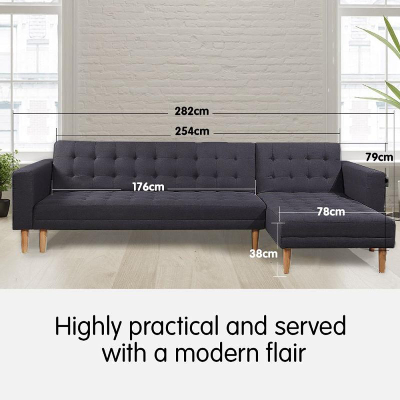 L-shape sofa size diagram in room 282cm total width 254cm depth 79cm high 78cm chaise 38cm seat