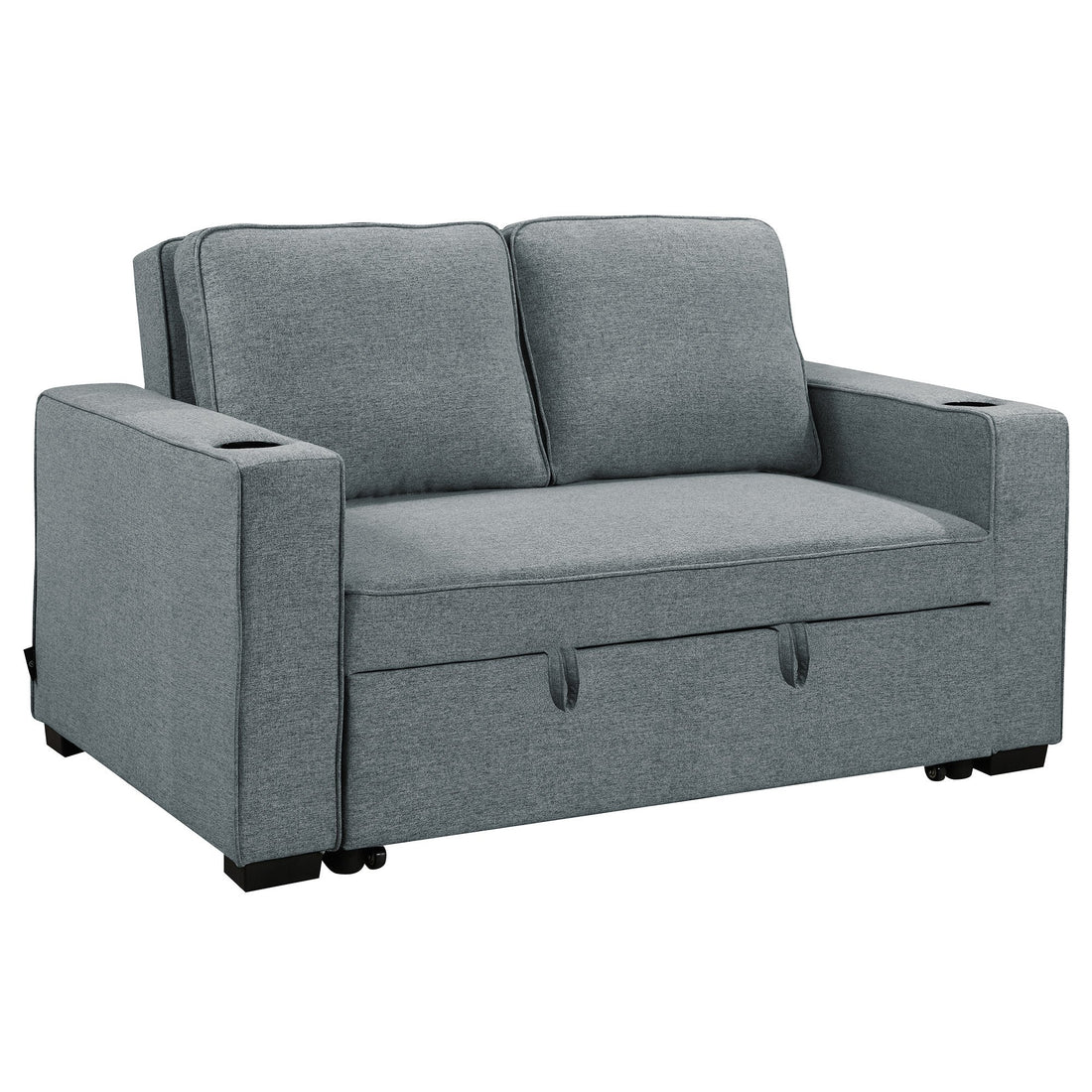 Dark grey linen 2-seater sofa bed with armrest cup holders and pull-out handles on white background