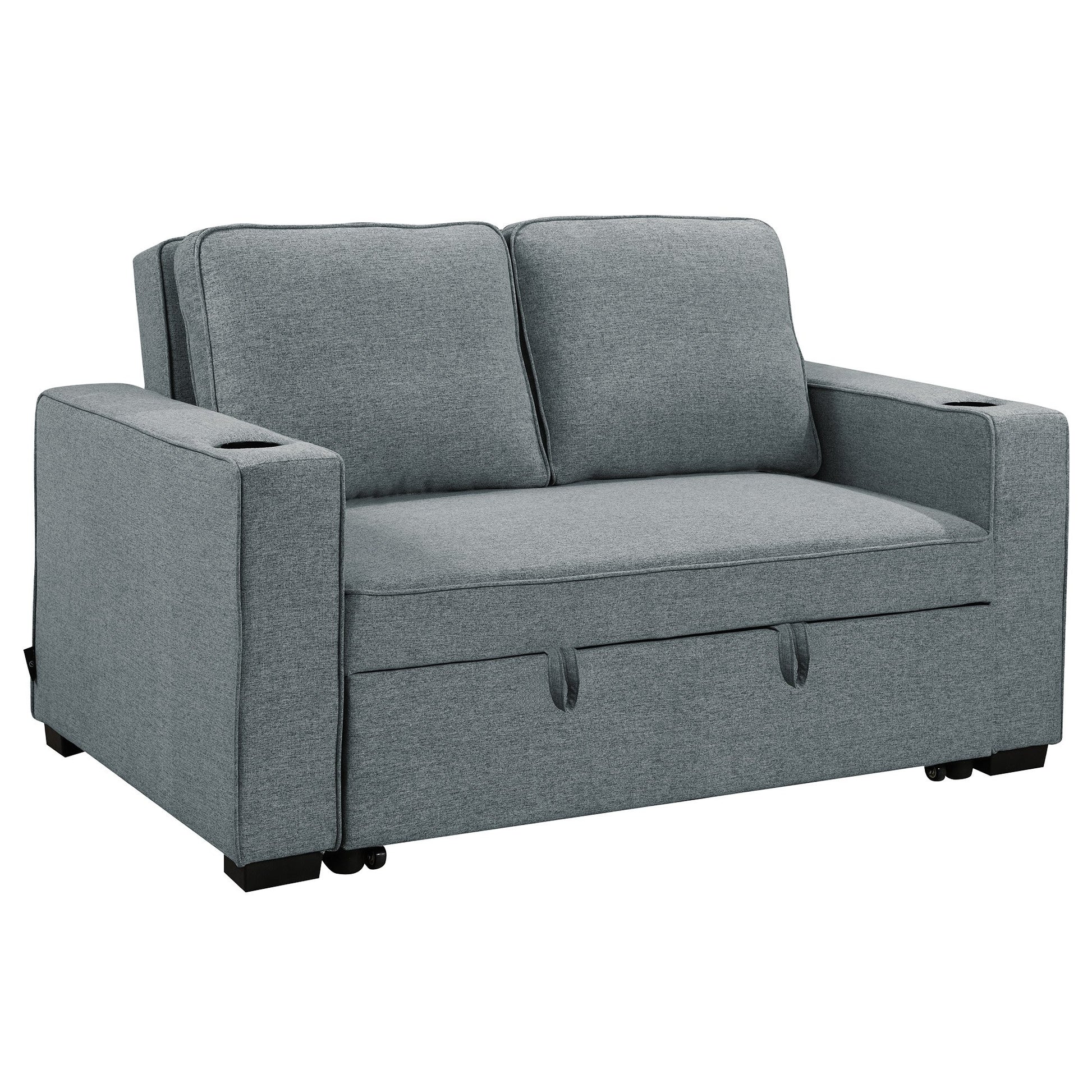Dark grey linen 2-seater sofa bed with armrest cup holders and pull-out handles on white background