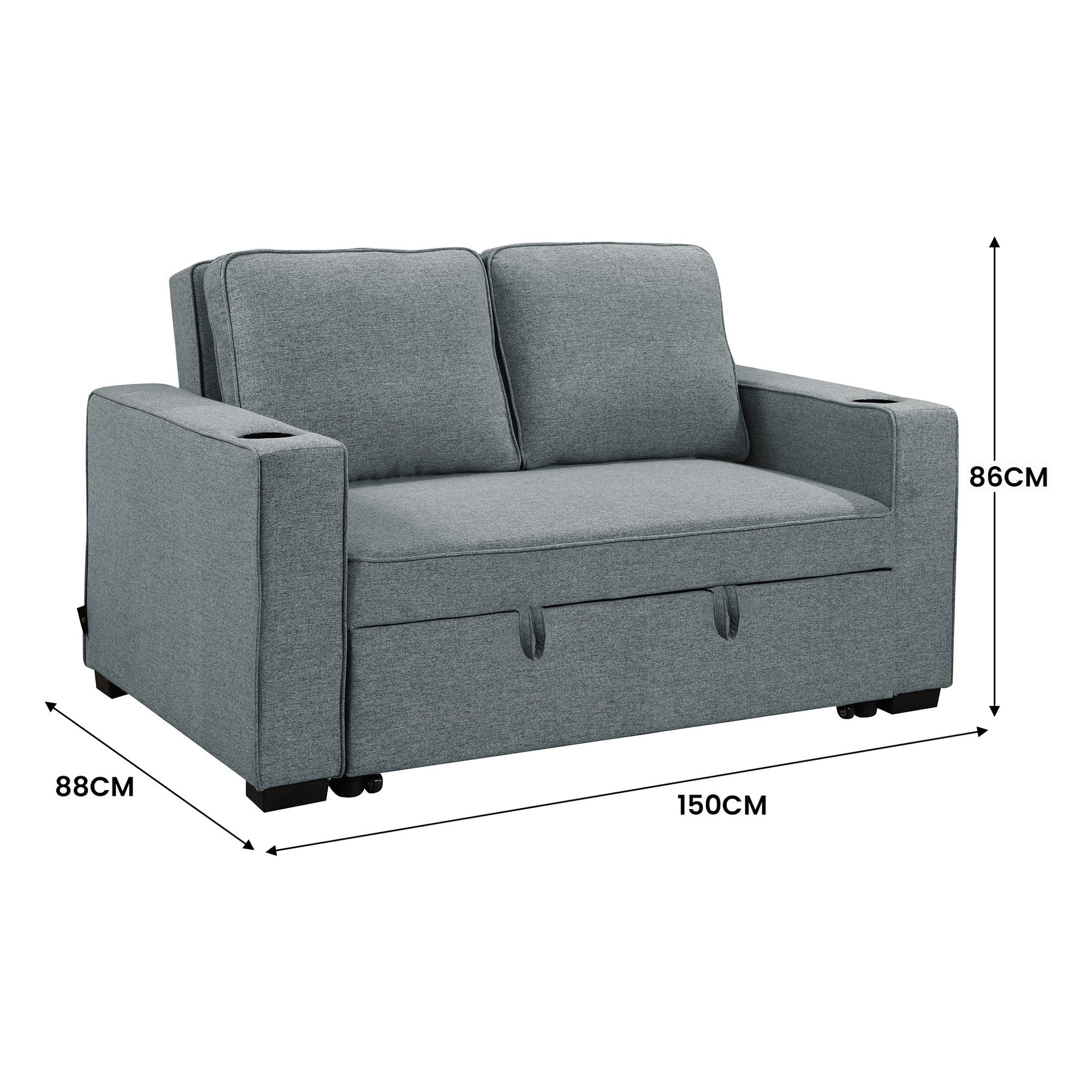 Dark grey linen sofa bed dimension diagram showing 150cm width 88cm depth and 86cm height upright