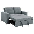 Dark grey linen sofa bed in extended flat position with pull-out mattress and cup holders on white