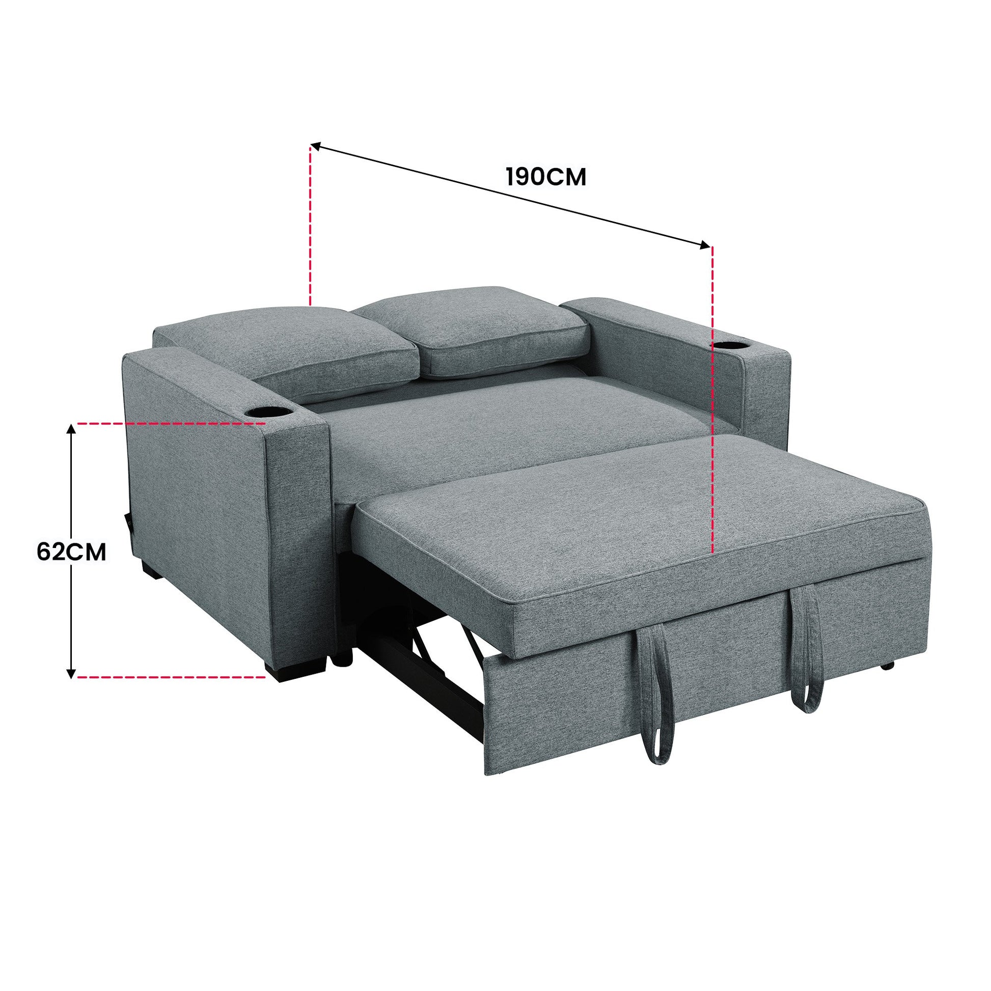 Dark grey linen sofa bed extended dimension diagram showing 190cm length and 62cm height