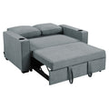 Dark grey linen sofa bed fully extended showing pull-out grey mattress from wider angle on white