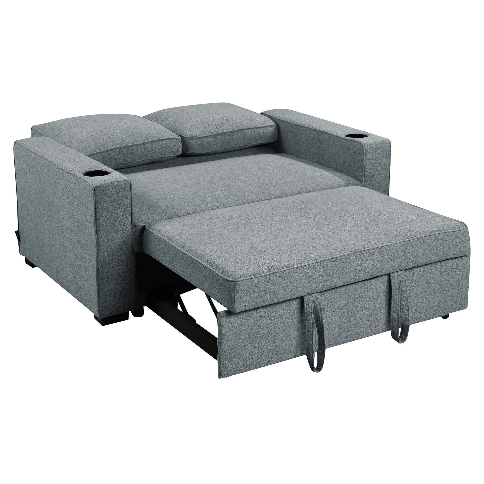 Dark grey linen sofa bed fully extended showing pull-out grey mattress from wider angle on white