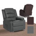 Dark grey PU recliner main view with brown colour variant inset and two fabric swatches showing brown and grey options