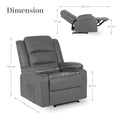 Dark grey PU recliner dimension diagram: upright 103cm tall 95cm deep 86cm wide; reclined 160cm long
