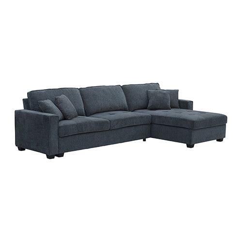 Dark grey L-shaped sectional sofa on white background front view with right chaise extended