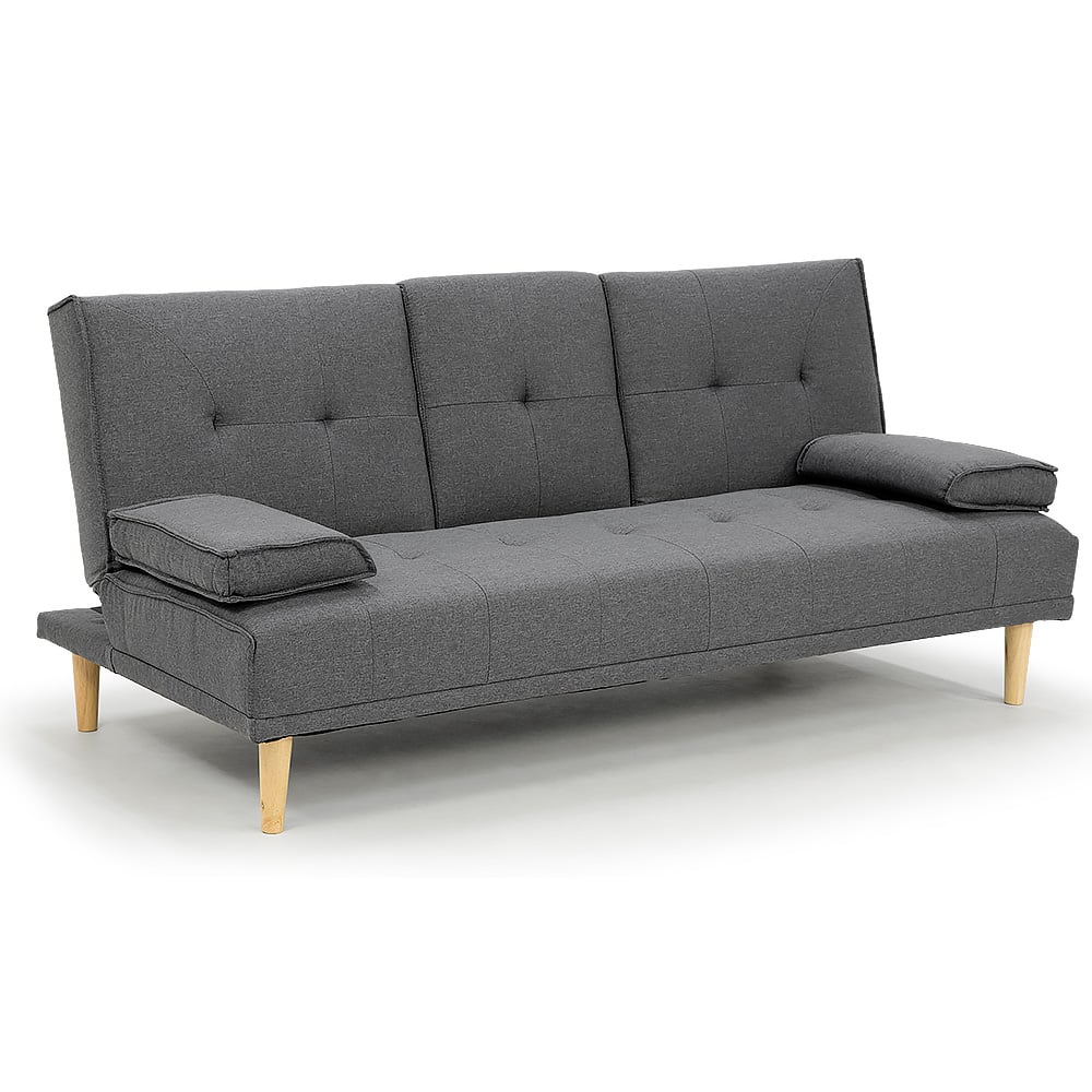 Dark grey tufted fabric sofa bed three-quarter right view with split backrest and arm cushions