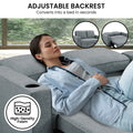 Adjustable Backrest infographic showing woman reclining on dark grey sofa bed with High-Density Foam badge