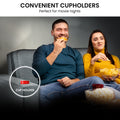 Infographic highlighting built-in cupholder feature on dark grey Sarantino Hoffman sofa bed