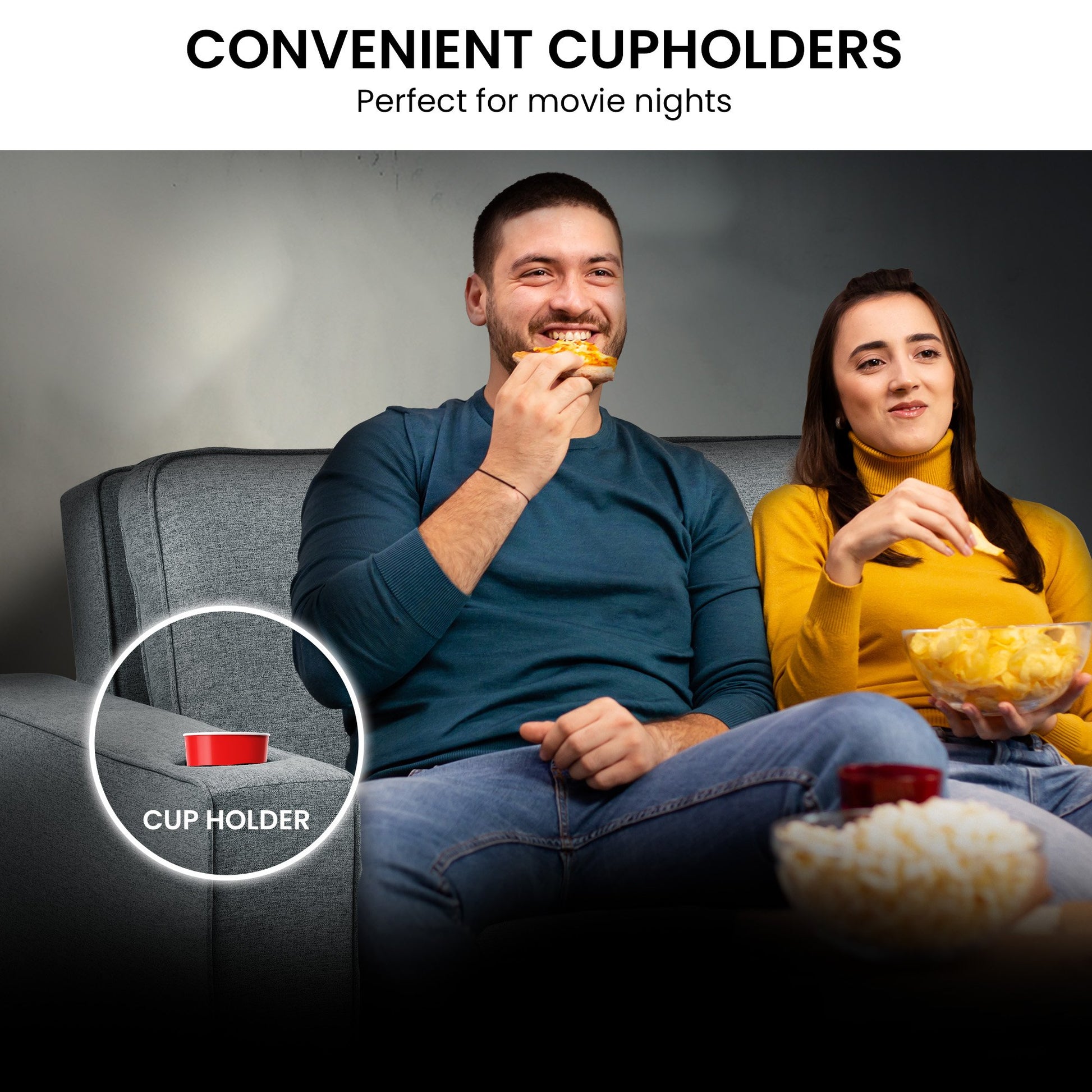 Infographic highlighting built-in cupholder feature on dark grey Sarantino Hoffman sofa bed
