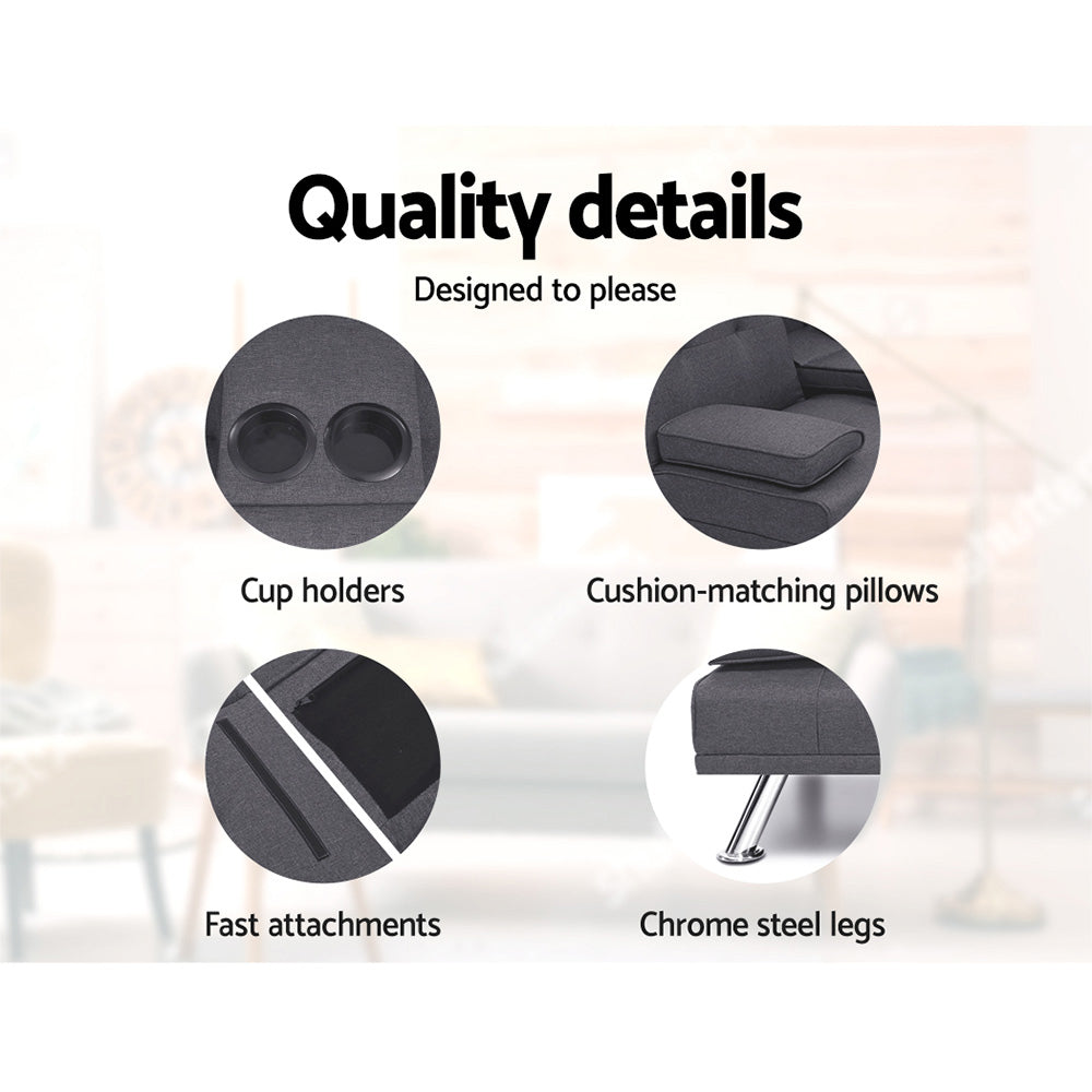 Dark grey fabric sofa bed quality details: two cup holders, matching cushion pillows, chrome steel legs