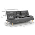 Dark grey sofa bed dimensions: 185cm wide, 82cm tall, 90cm deep with cup holder and arm cushion measurements