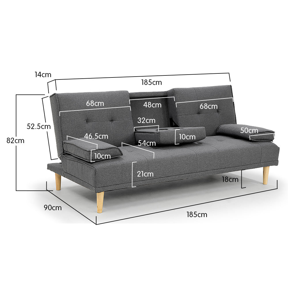Dark grey sofa bed dimensions: 185cm wide, 82cm tall, 90cm deep with cup holder and arm cushion measurements