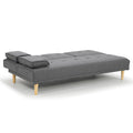 Dark grey sofa bed converted to flat position viewed from right angle on white background