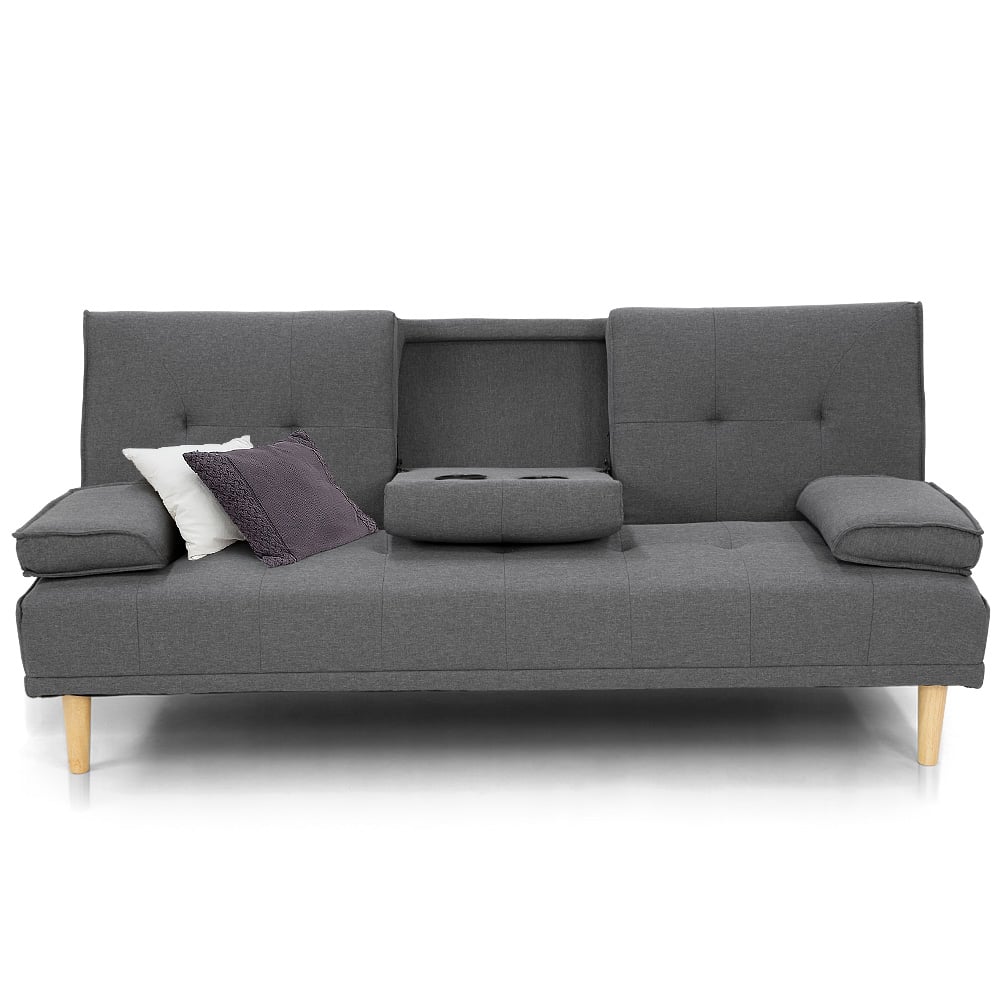 Dark grey fabric sofa bed front view with split backrest, fold-down cupholder and cushion armrests