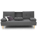 Dark grey fabric sofa bed front view with split backrest, fold-down cupholder and cushion armrests