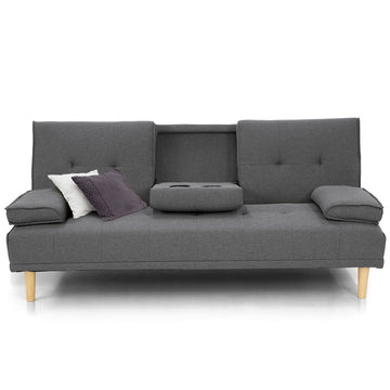 Dark grey fabric sofa bed front view with split backrest, fold-down cupholder and cushion armrests