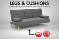 Dark grey fabric sofa bed with infographic showing legs and cushions stored in zipper compartment under base