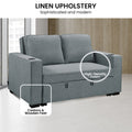 Linen Upholstery infographic of dark grey sofa bed in room with High-Density Foam and Castors callouts