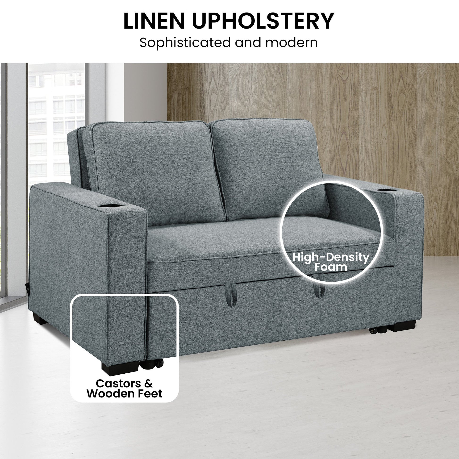 Linen Upholstery infographic of dark grey sofa bed in room with High-Density Foam and Castors callouts