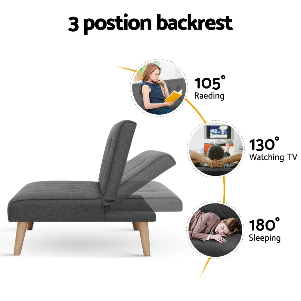 Sofa bed feature grid showing tufted linen upholstery high resilience foam and rubber wood legs