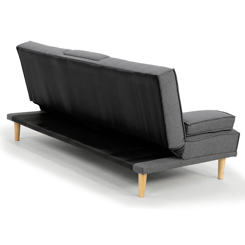 Dark grey sofa bed rear view showing backrest mechanism partially raised from behind
