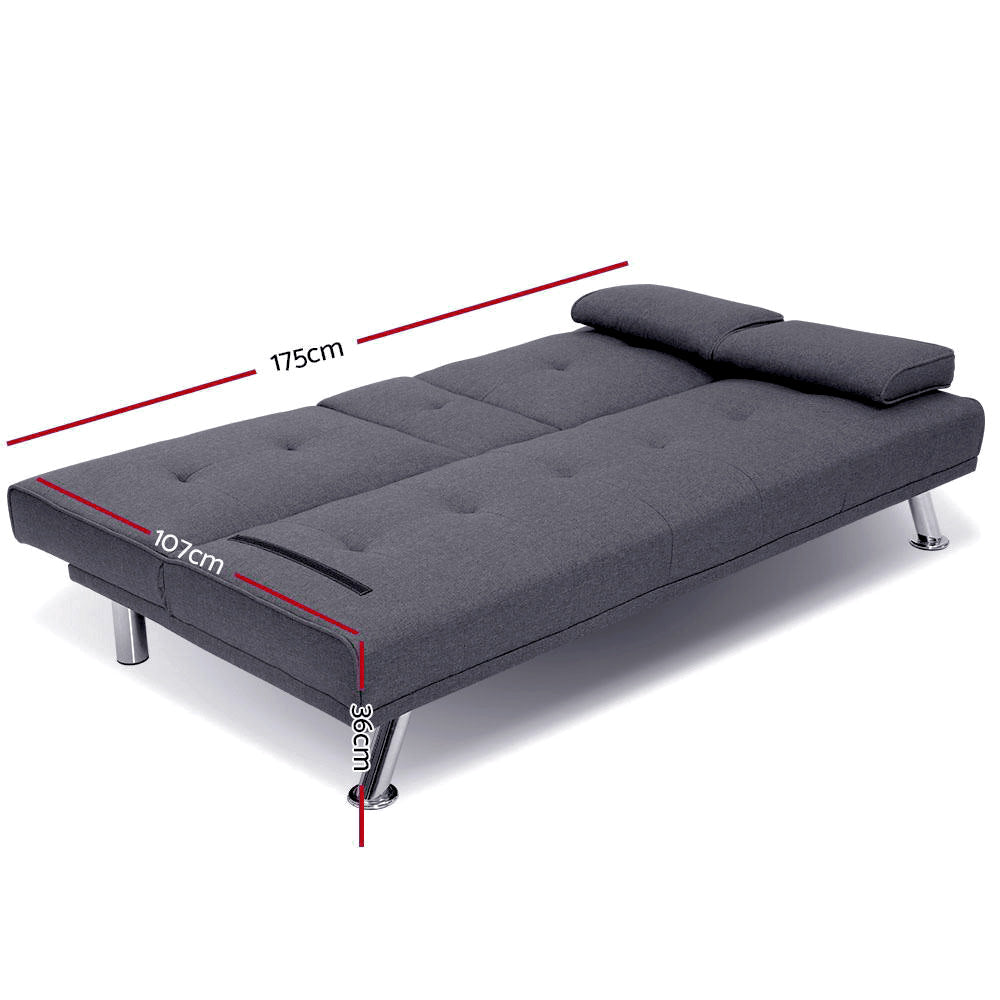 Dark grey fabric sofa bed reclined flat dimensions: 175cm wide, 107cm depth, 36cm height, chrome legs