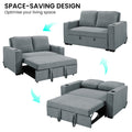 Space-Saving Design infographic showing dark grey sofa bed converting through three positions