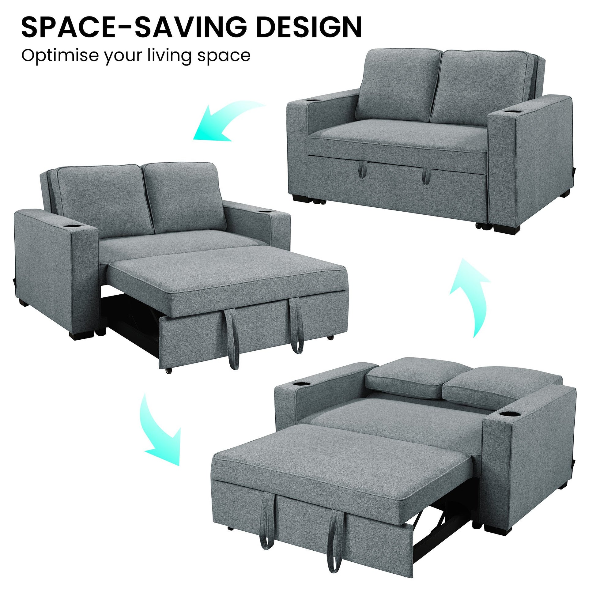 Space-Saving Design infographic showing dark grey sofa bed converting through three positions