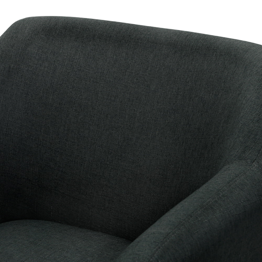 Close-up of dark charcoal woven fabric texture on back and arm of tub armchair