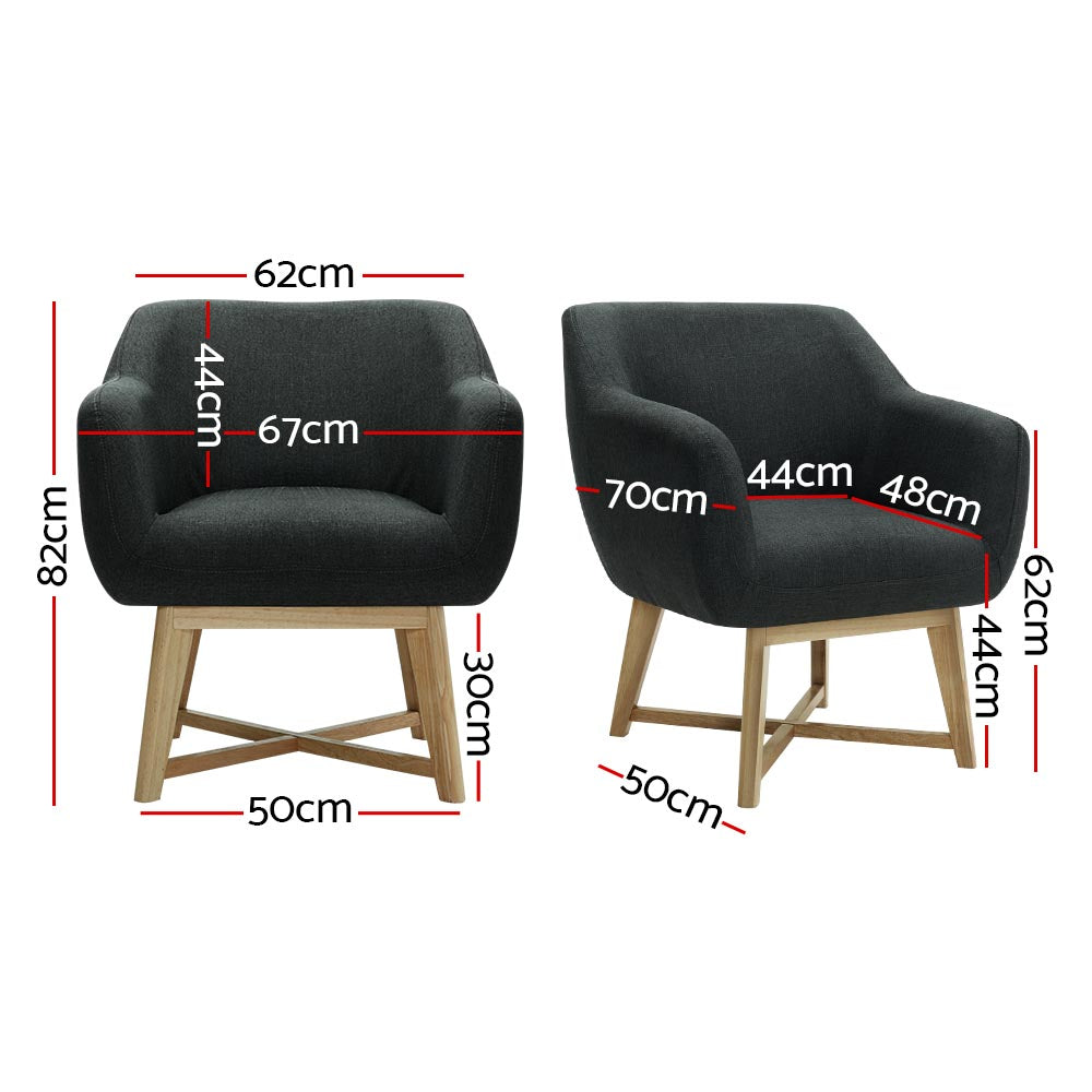 Dimensions diagram of dark charcoal fabric tub armchair: 62W 82H cm, seat 67x44cm, depth 70cm, leg height 30cm, wood legs