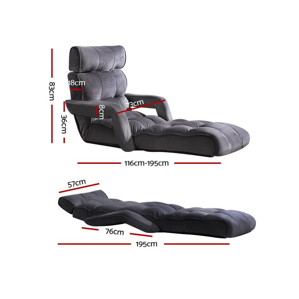 Dimensions of dark grey floor lounger: seated 83H 36cm seat, back 73cm, 116-195cm length; flat 195x76cm