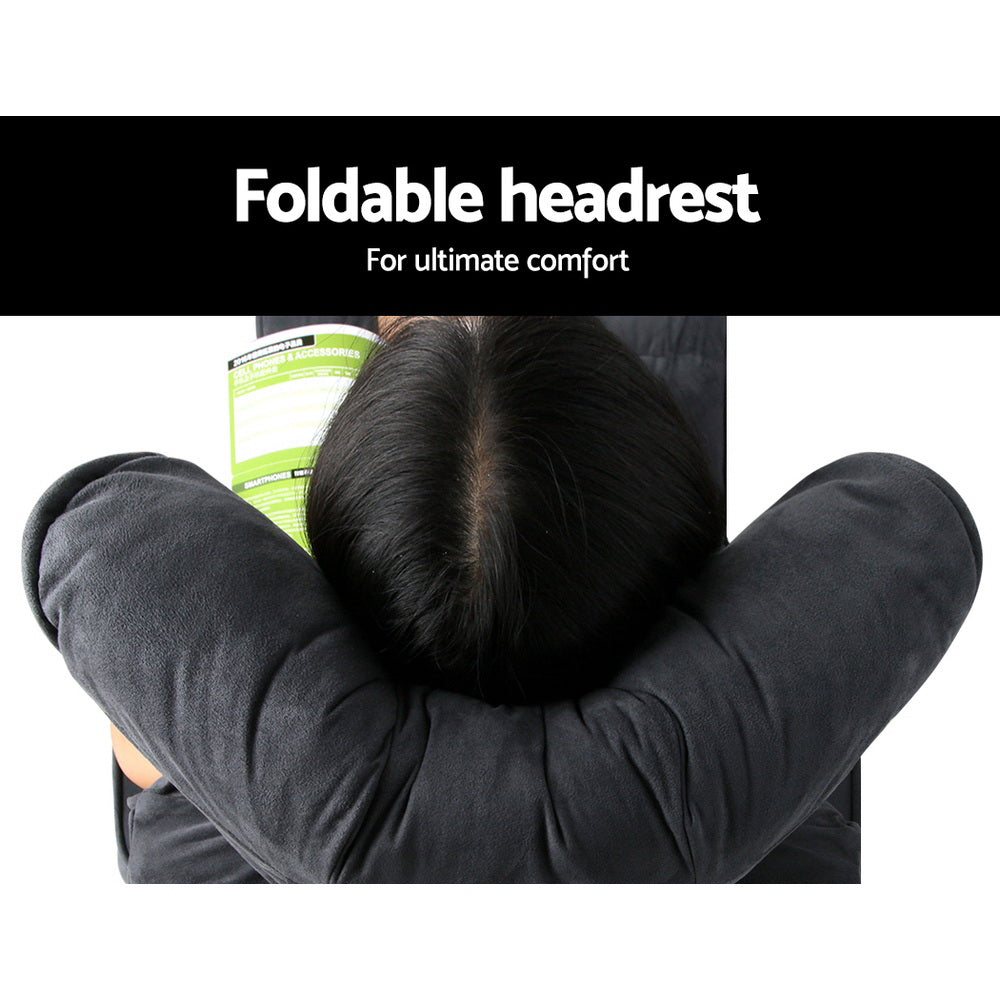 Close-up of dark charcoal lounger backrest and headrest, badges: Smooth texture, Breathable fabric, Soft touch, Durable